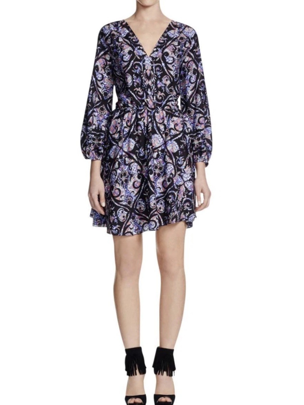 Amanda Uprichard Chelsea Silk Dress Floral Paisley Surplice Long Sleeve Small